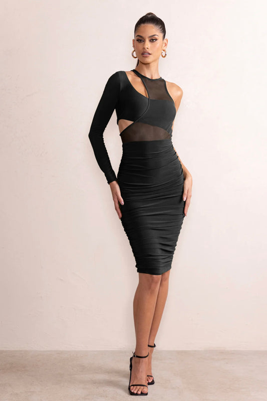 Shadow Play One-Sleeve Mesh Midi